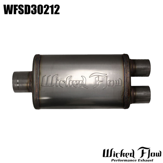 WFSD30212 - WickedFlow Max Muffler 3.0" Inlet 2.5" Outlets, Center/Dual - REVERSIBLE